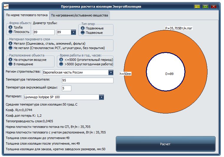 Программа расчета толщины изоляции трубы трубопровода по нормам СП 61.13330.2012